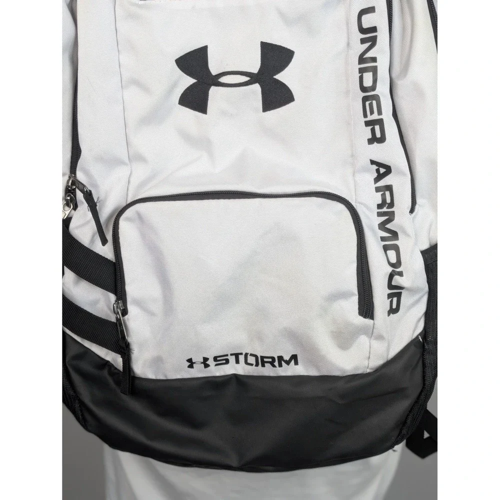 Under Armour UA Storm White Black Backpack Laptop School Gym Book Bag 20x14x5